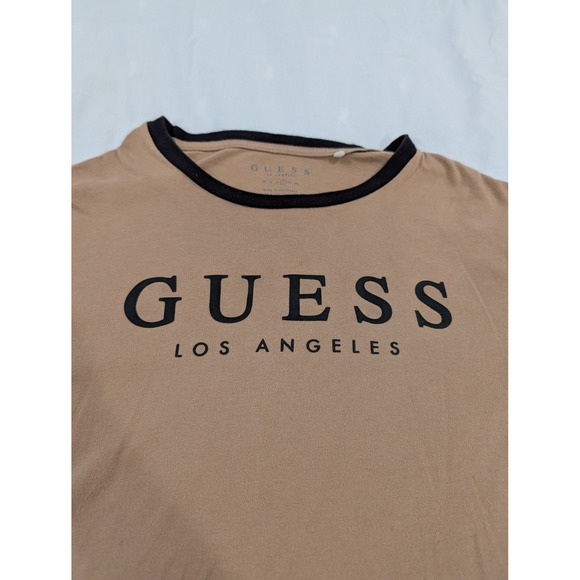 Guess Los Angeles Ringer T-Shirt Tan Brown Black Logo Mens Large Cotton Tee - Picture 2 of 8